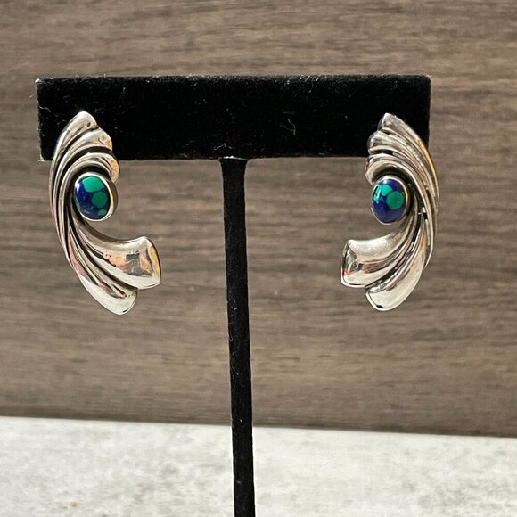 Vintage Azurite 8g Sterling Silver Handmade Signed Curved Pierced Earrings 1.5" - Picture 2 of 6